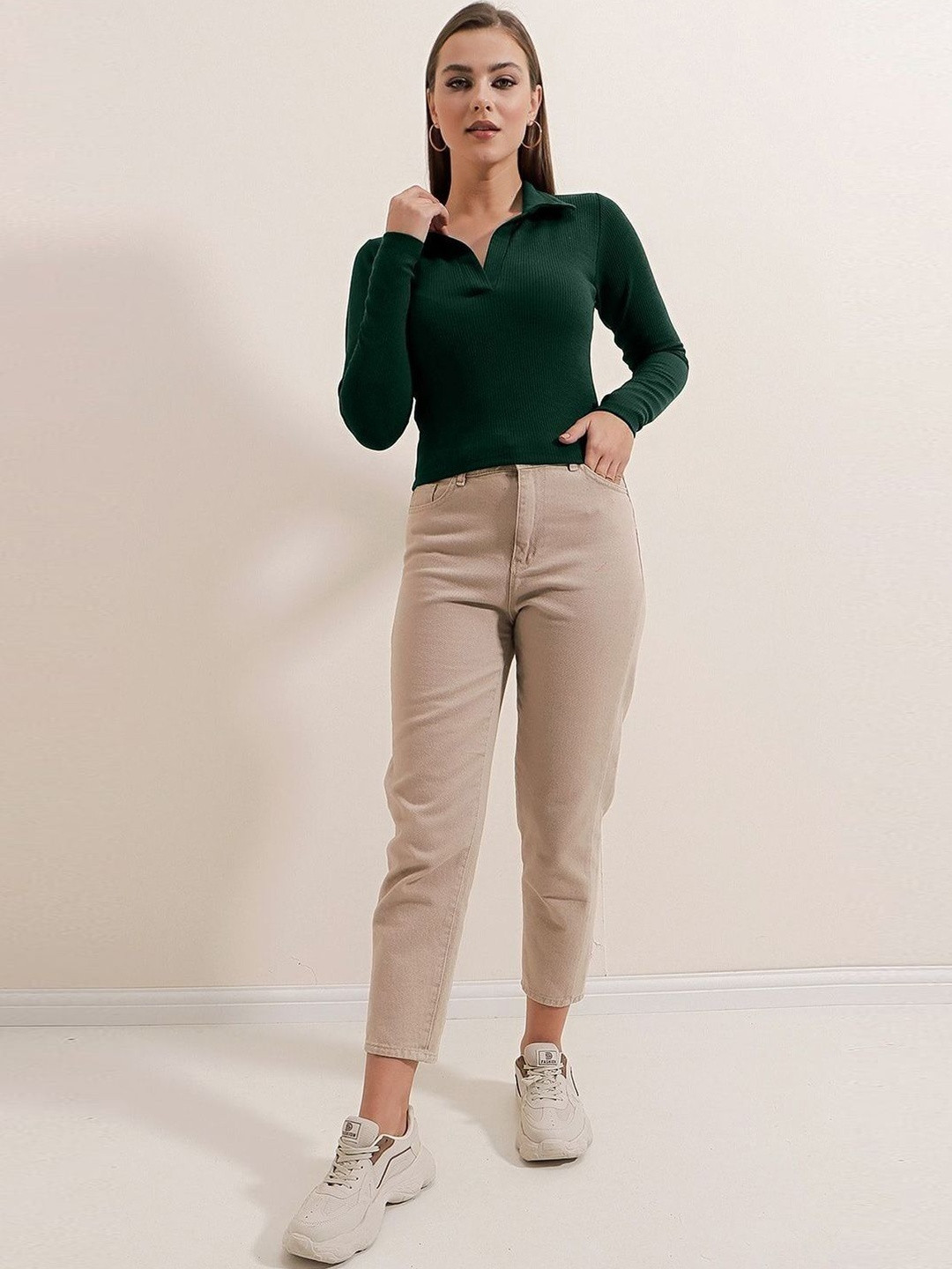 Dream Beauty Fashion Women Ribbed Shirt Collared Long Sleeves Fitted Top