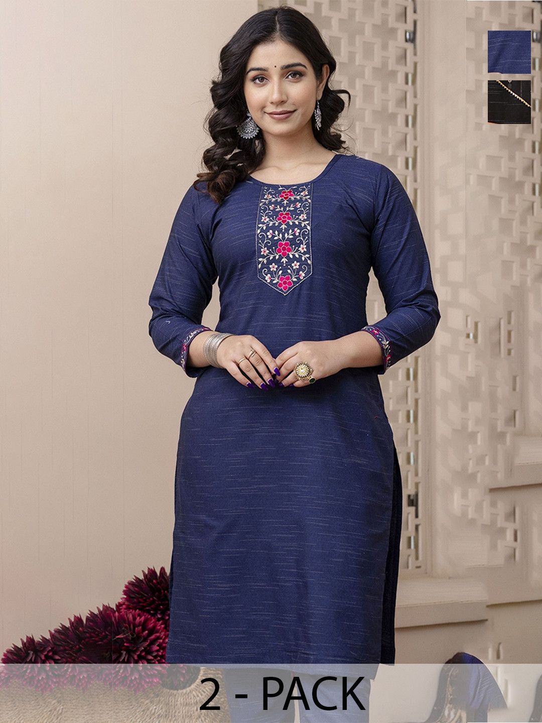 AUZAAI COLLECTION Selection Of 2 Yoke Design Thread Work Pure Cotton Straight Kurtas