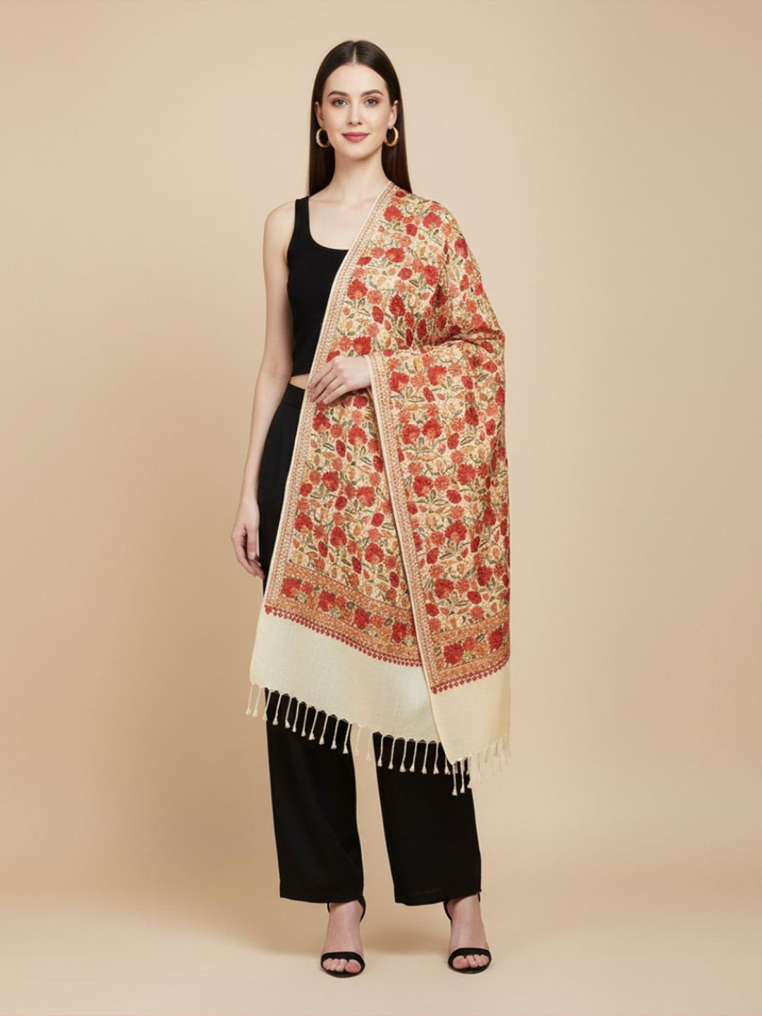 MUFFLY Women Floral Printed Woollen Stole with Tasselled order