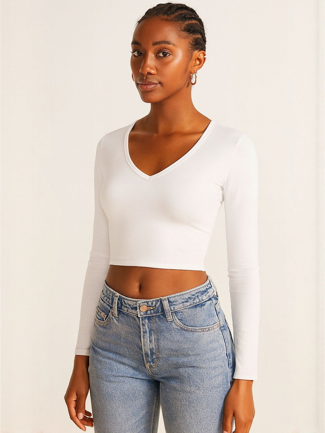 PUERY V-Neck Long Sleeves Fitted Cotton Crop Top