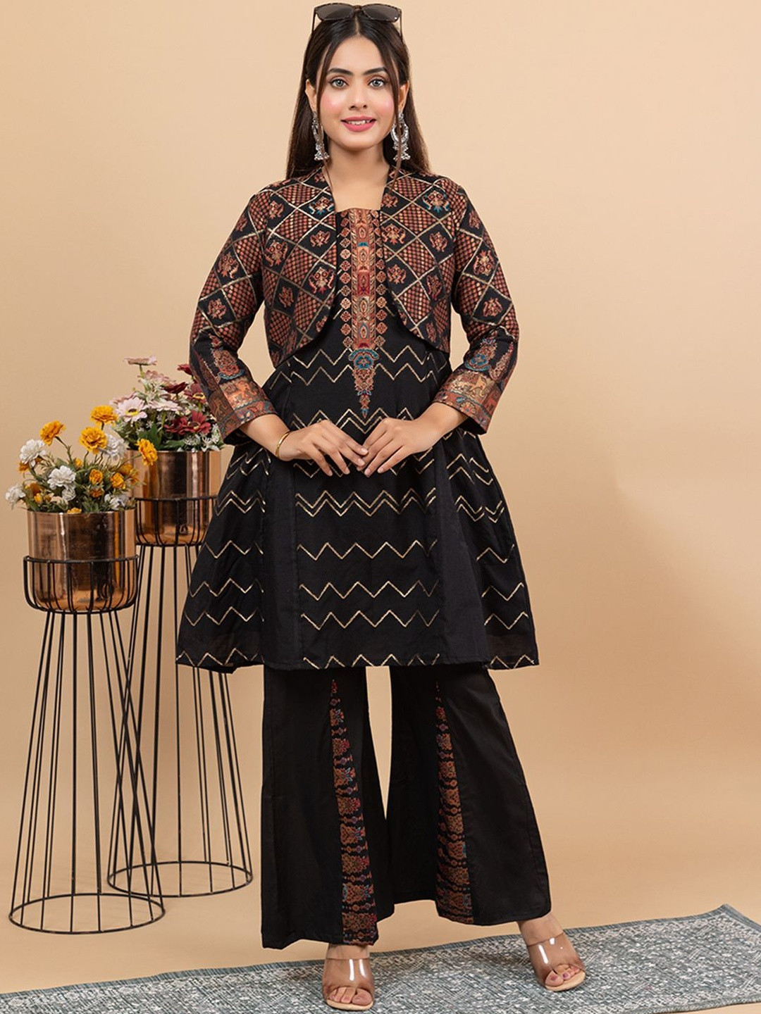 KIDAR Floral Woven Design Round Neck Kurti With Jacket & Trousers