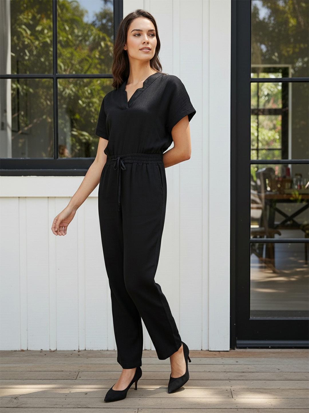 Freehand by The Indian Garage Co Women V-Neck Waist Tie-Ups Basic Jumpsuit