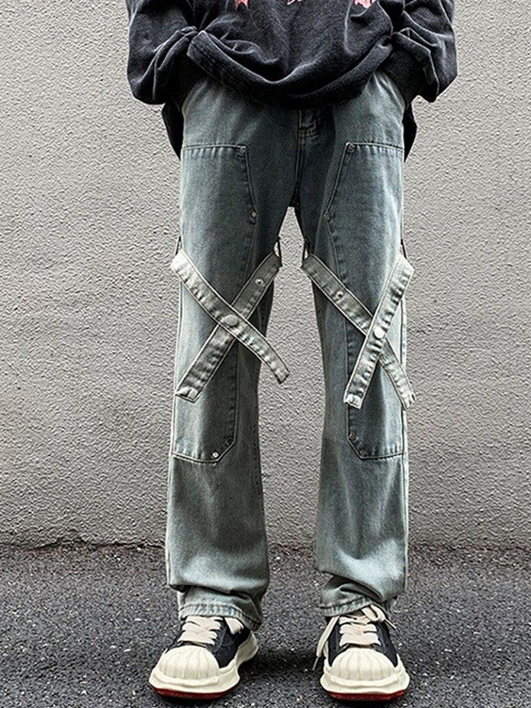 StyleCast Men Baggy Mid-Rise Light Fade Jeans With Criss-Cross Straps