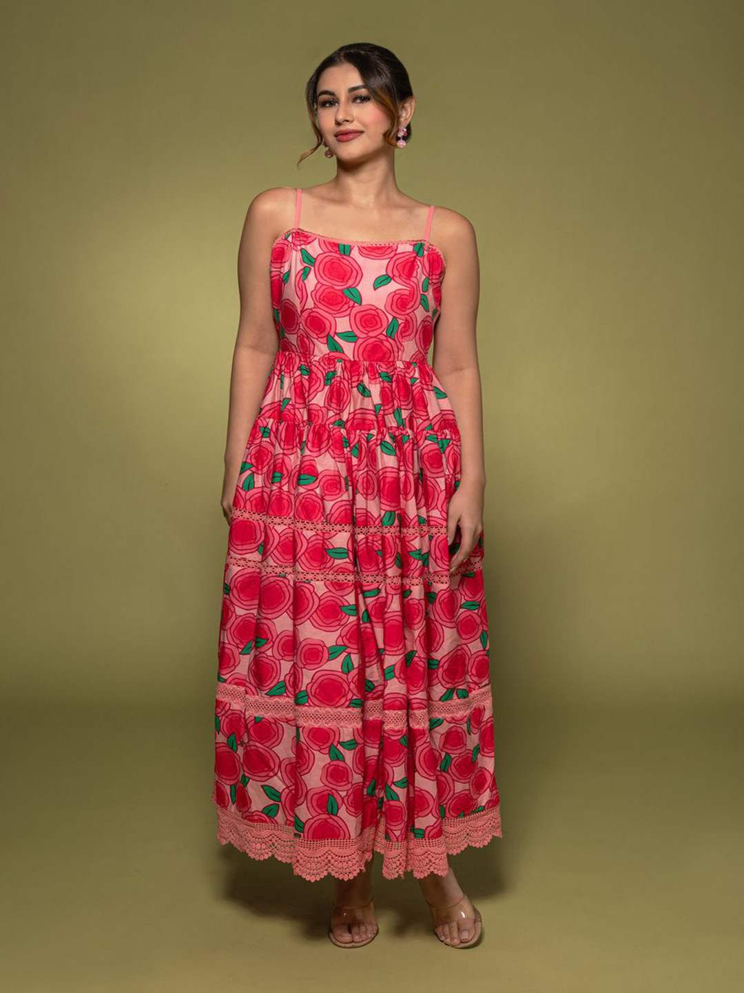 Valere Women Floral Printed Gathered or Pleated Pure Cotton Fit and Flare Midi Dress