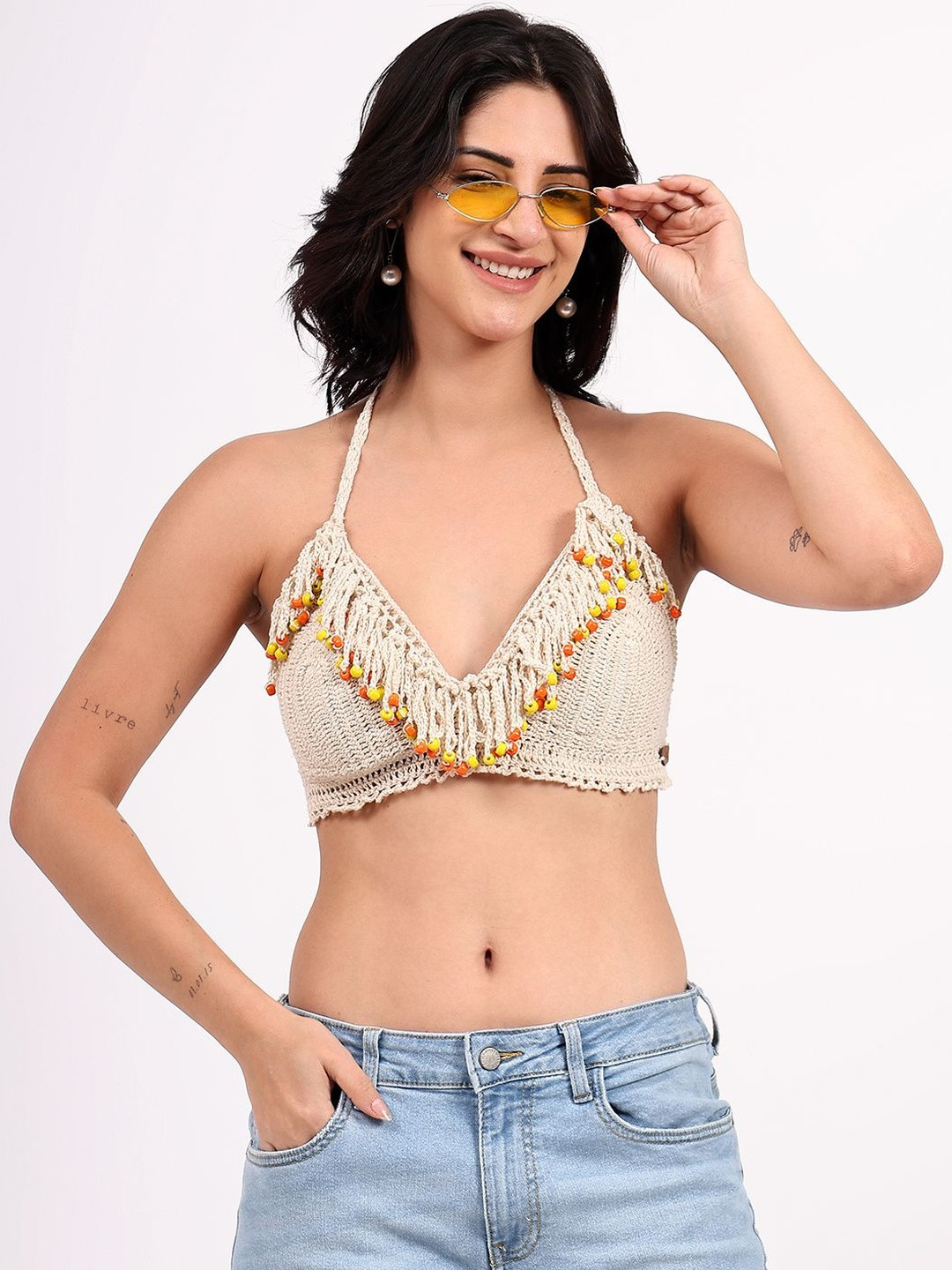 Velvery Women Halter Neck Bohemian Cotton Handmade Crochet Bralette Top