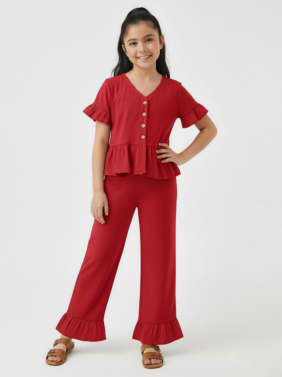 YK X Trampoline Girls V-Neck Pure Cotton Top With Palazzos