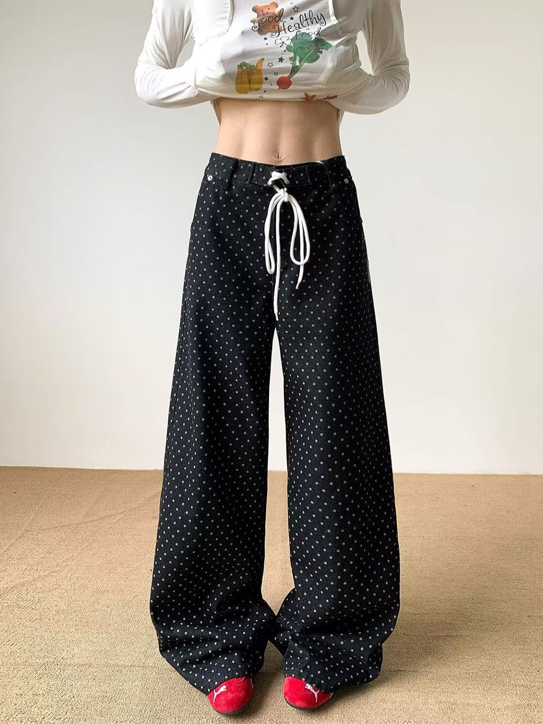 StyleCast Men Wide Leg Polka Dot Cotton Low-Rise Jeans With Drawstring Waist