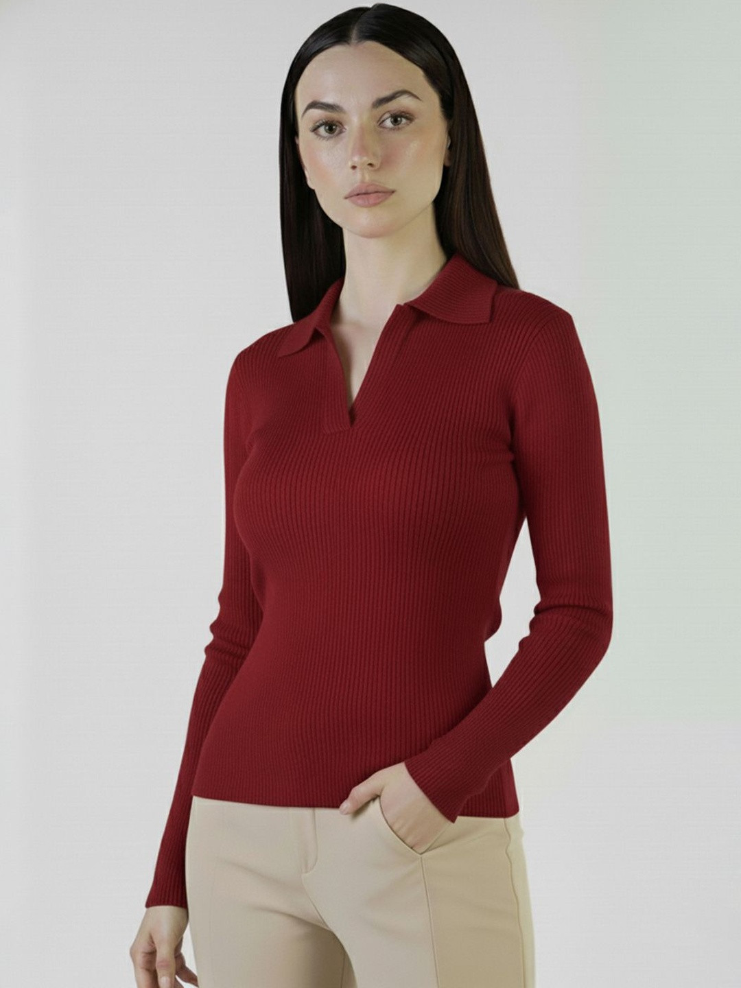 Plus Size Long Sleeves Polo Collar Regular Fit T-shirt