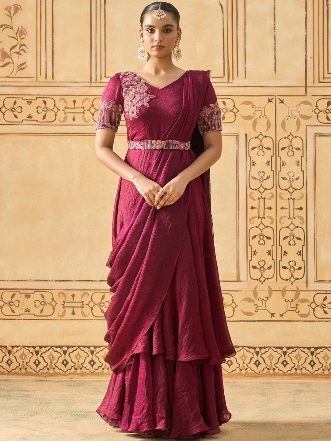 Fiorebymalar Floral Embroidered Crush Ethnic Dress With Draped Dupatta