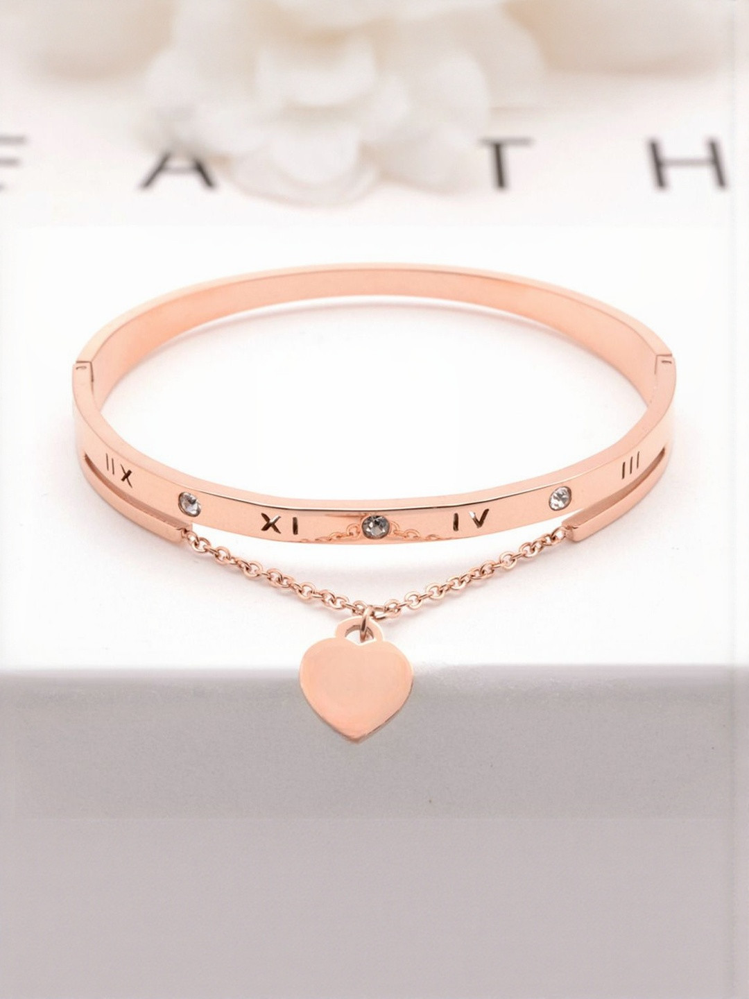 TheVineGirl Rose Gold-Plated Stones Studded Roman Numeral Bangle-Style Bracelet