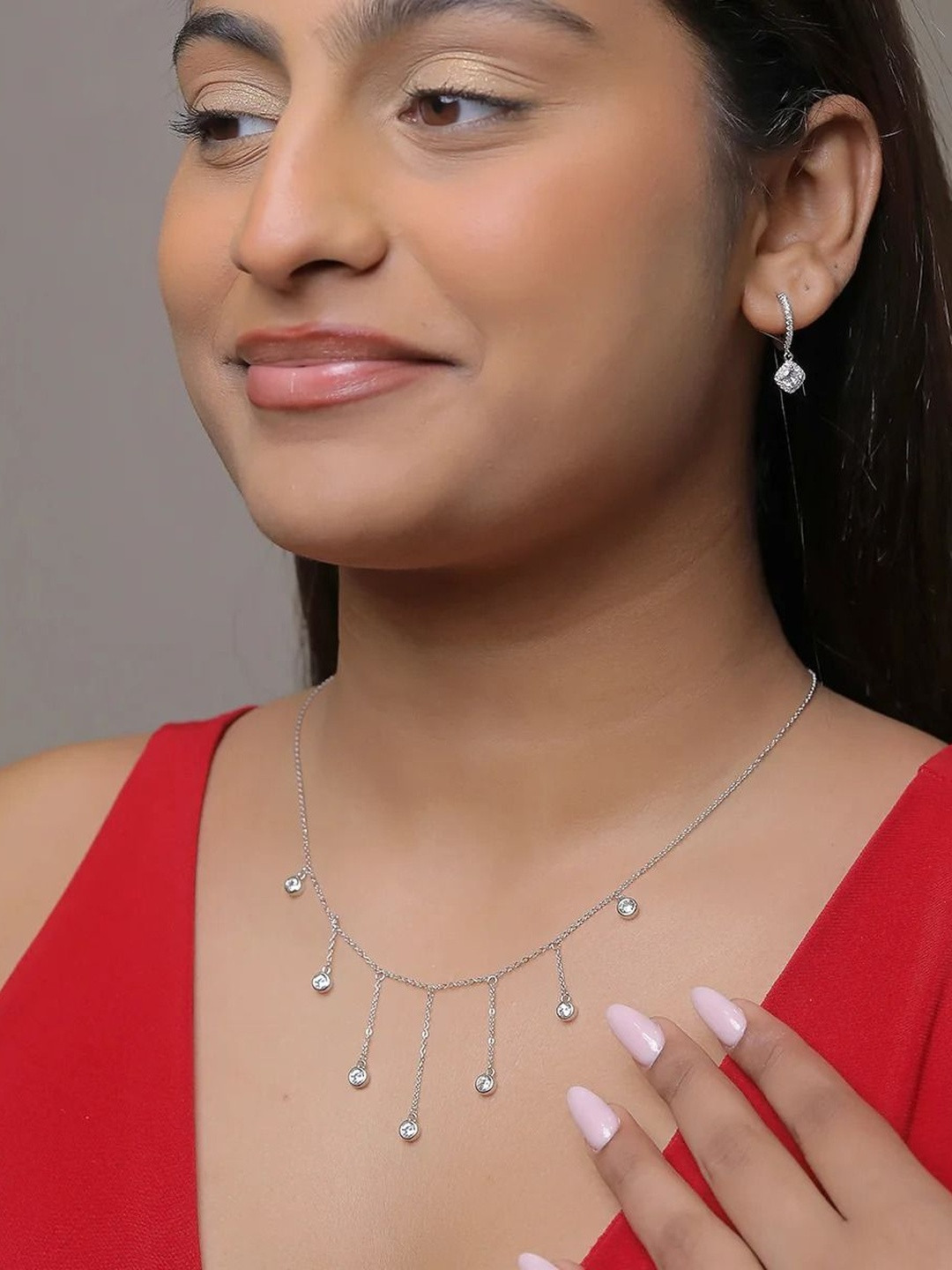 ANJ JEWELS Sterling Silver American Diamond Studded Layered Necklace