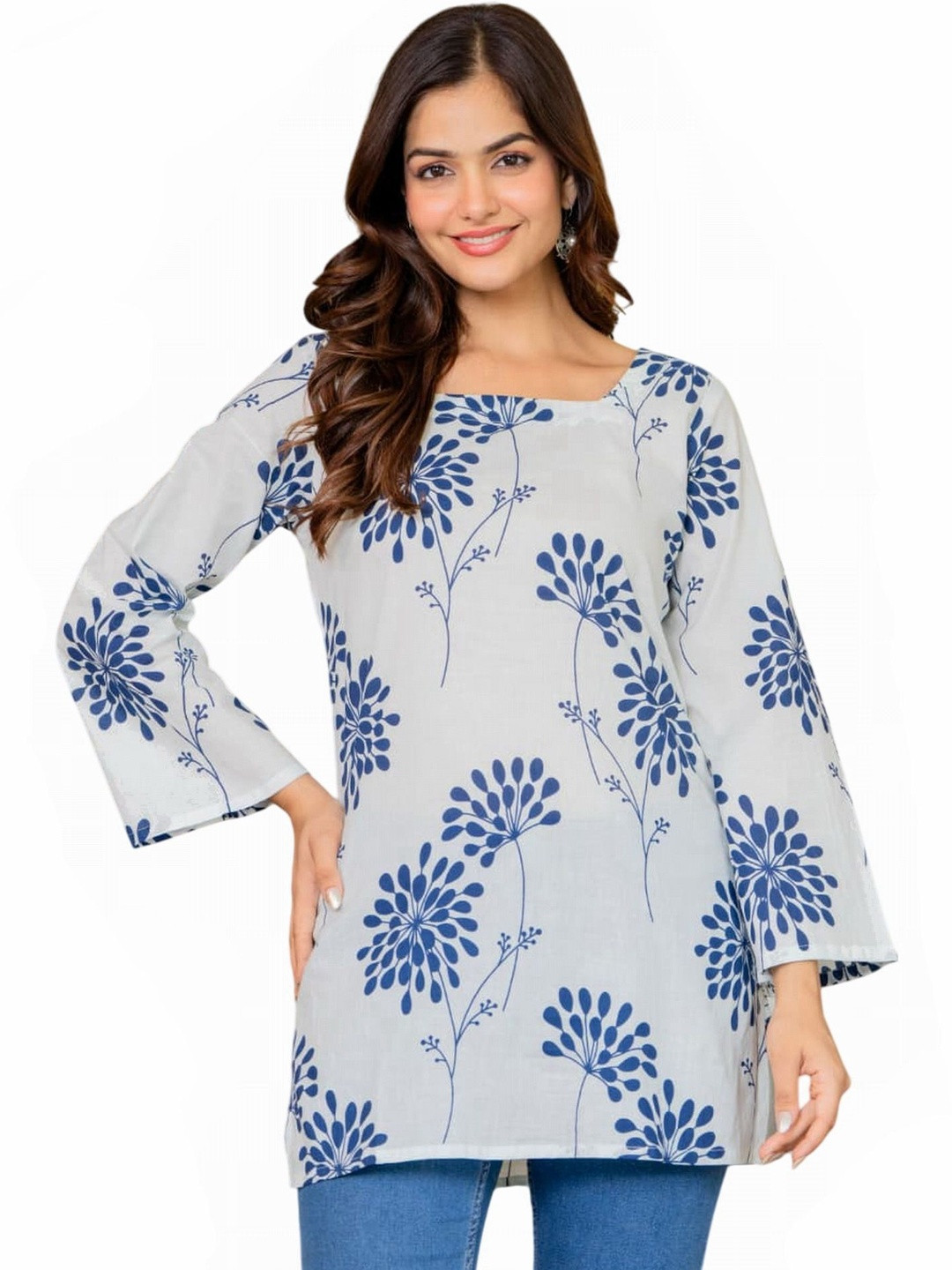 Meher Impex Women Printed Square Neck Flared Sleeves Pure Cotton Kurti