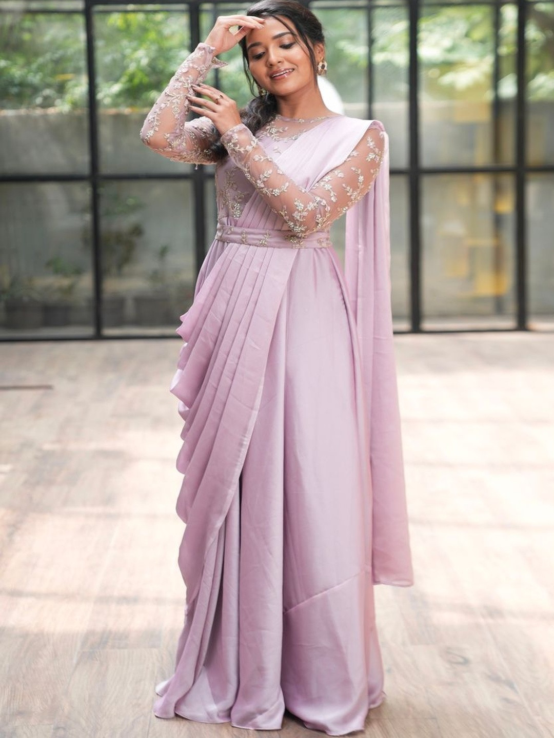 Fiorebymalar Women Embellished Gathered or Pleated Drape Ethnic Dress With Dupatta & Belt