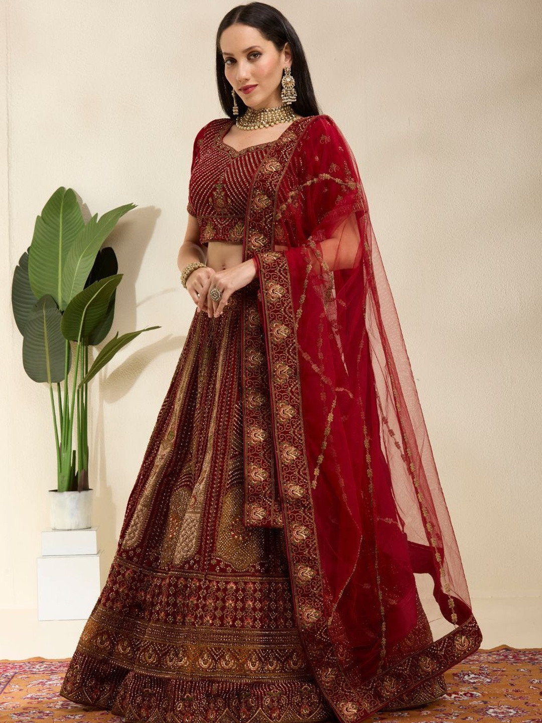 DESIGN ELEMENTS Embroidered Sequinned Velvet Semi-Stitched Lehenga & Blouse With Dupatta