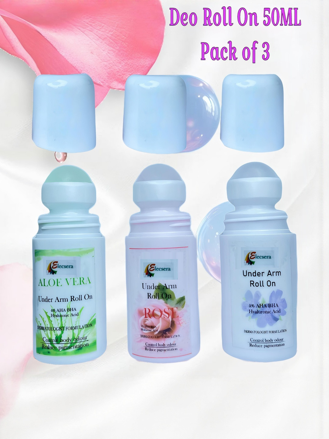 Elecsera Set Of 3 Rose, Lavender & Aloe Vera Long Lasting Underarm Roll On - 50 ml Each