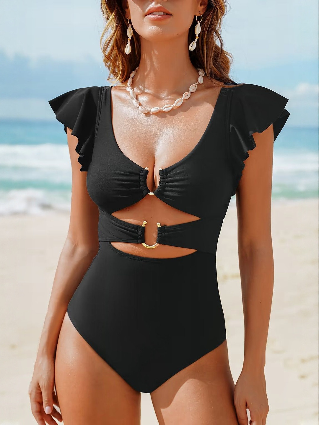 Dream of style Women Ruffle Cut Out Basics Sleeves Monokini With Ring Detail