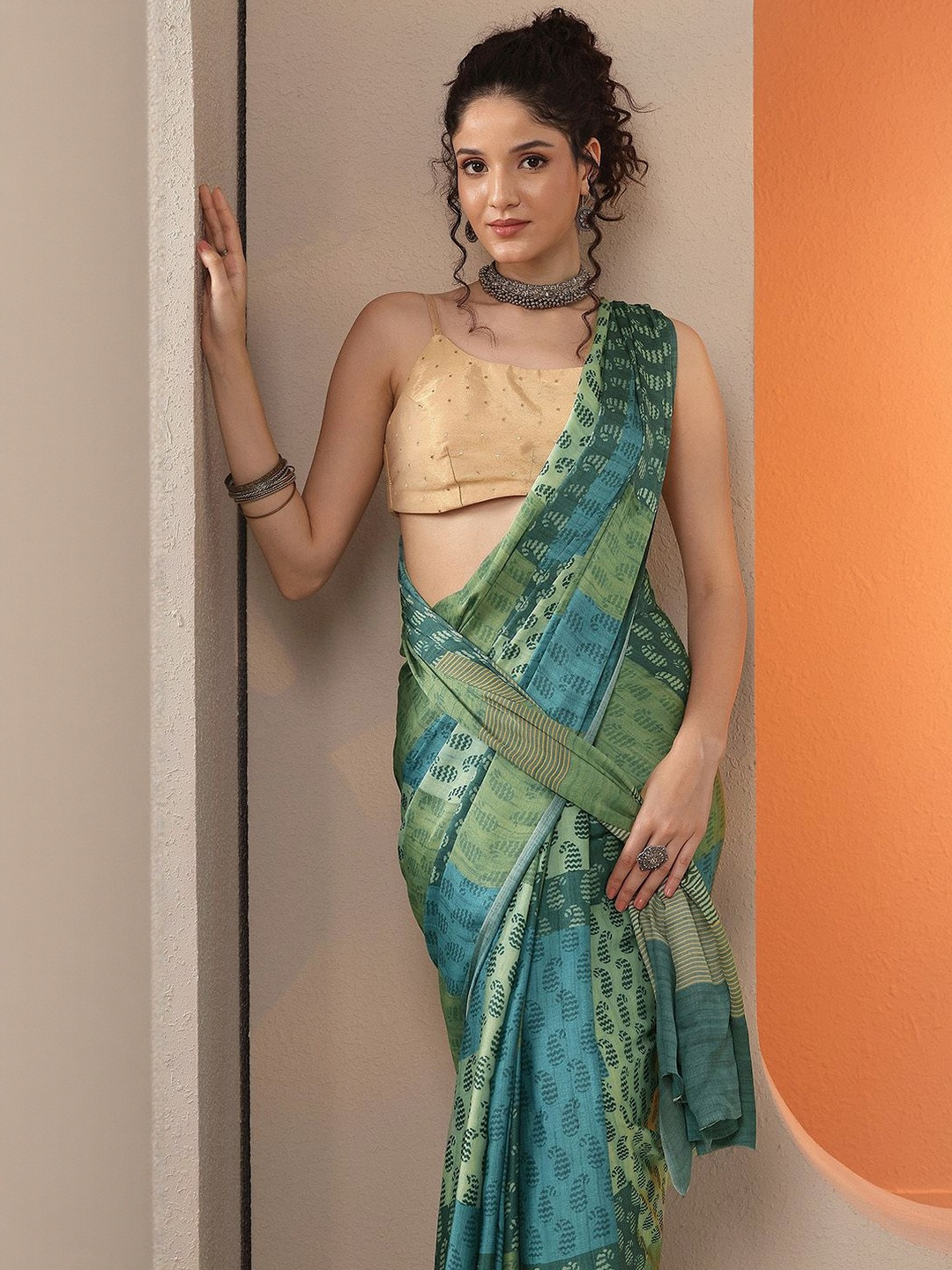 Libas Paisley Printed Satin Saree With A Blouse Piece