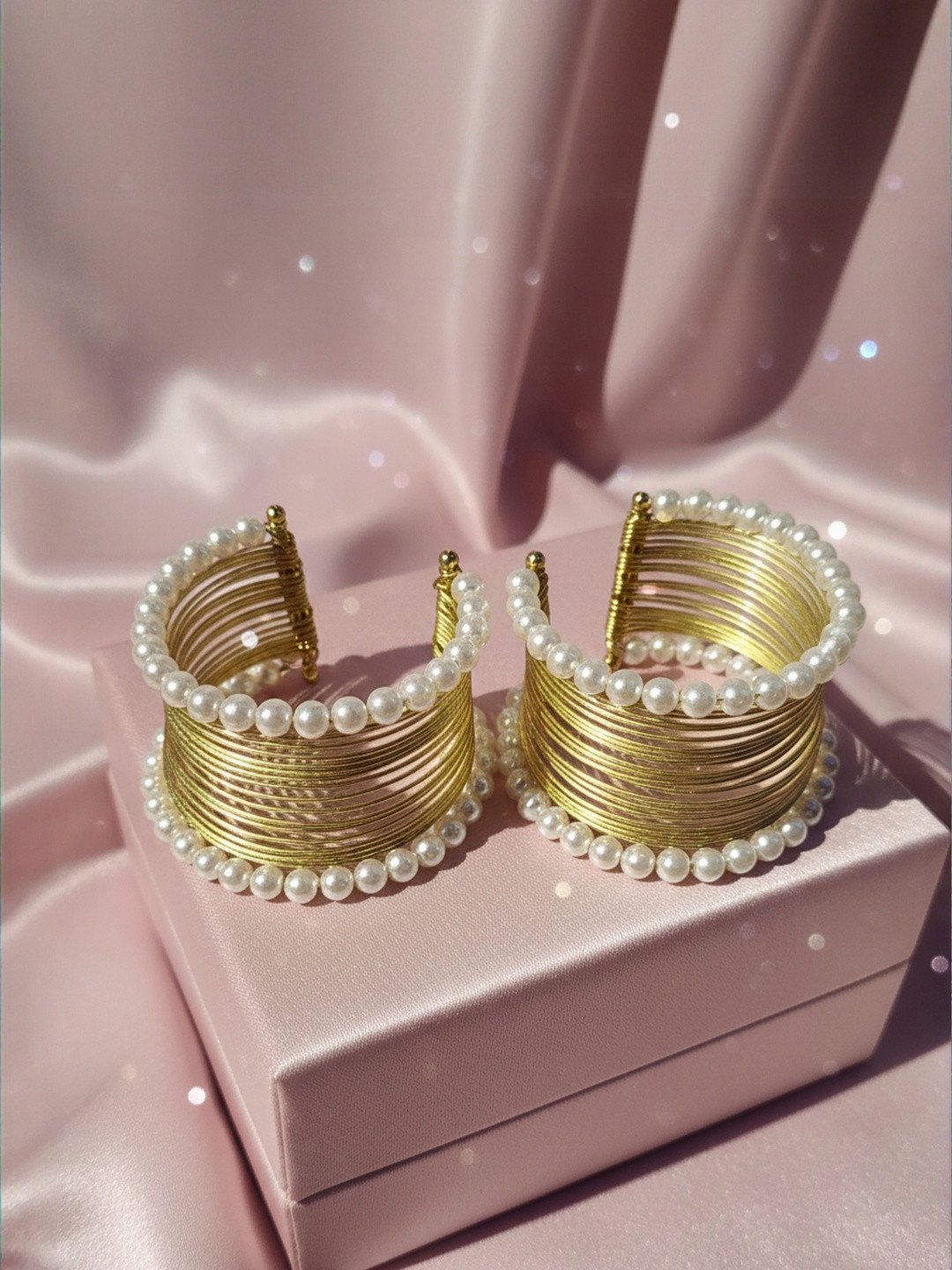 DressBerry Set Of 2 Gold-Plated Pearls Beaded Cuff Mess Wire Bracelet