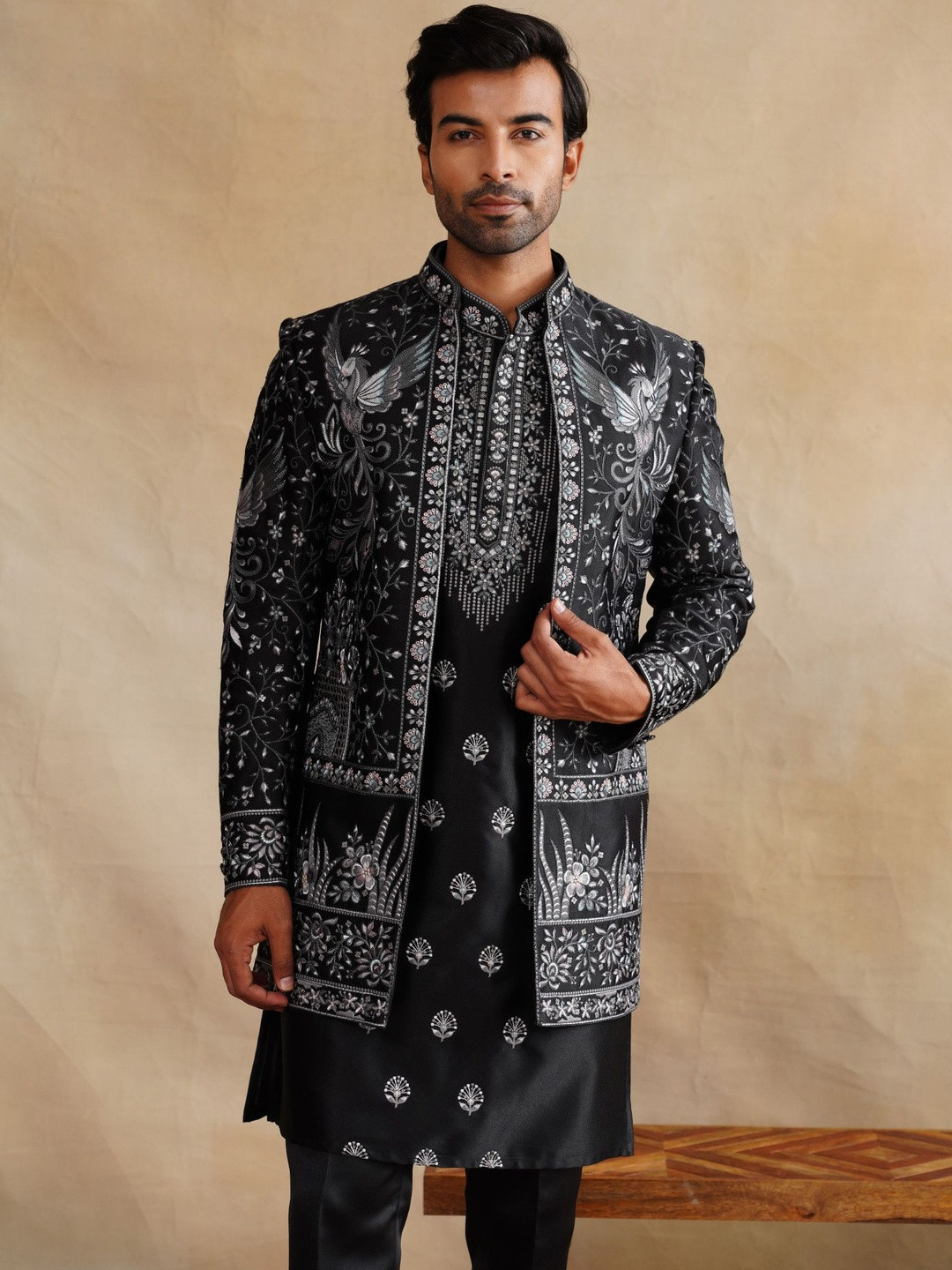 Denis Parkar Embroidered Mandarin Collar Pure Cotton Sherwani With Kurta & Pant