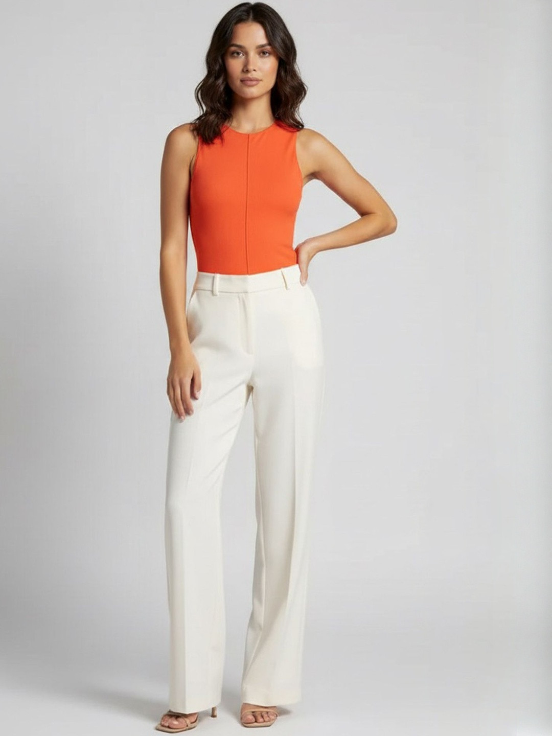 LULU & SKY Orange Ribbed High Neck Sleeveless Bodysuit Top