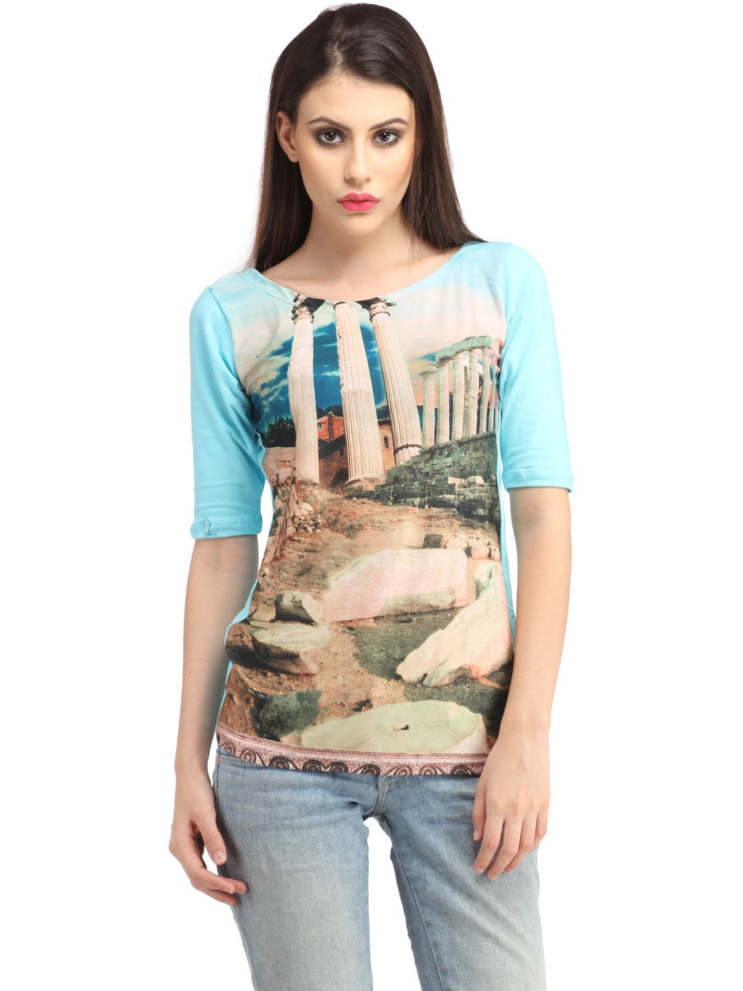 BAESD Women Printed Boat Neck Roll Up Cotton Top