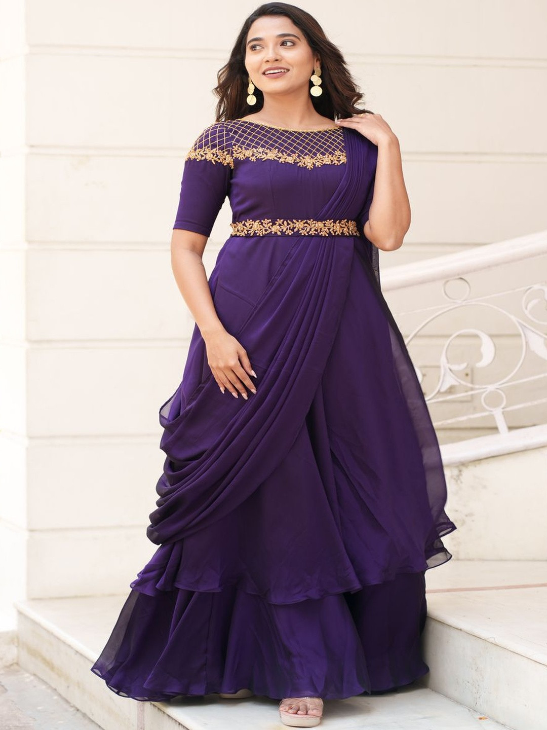 Fiorebymalar Embroidered Zardosi Drape Layered Maxi Ethnic Dress