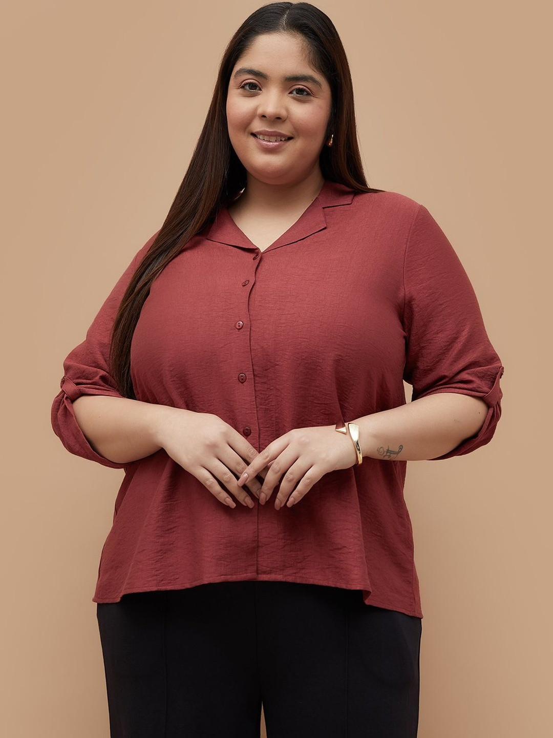 Nexus by Lifestyle Women Plus Size Lapel Collar Roll-Up Sleeves Shirt Style Top