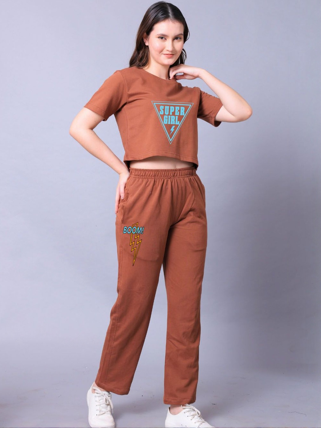 Lazy Lush Women Super Girl Printed Crop Top with Joggers Set