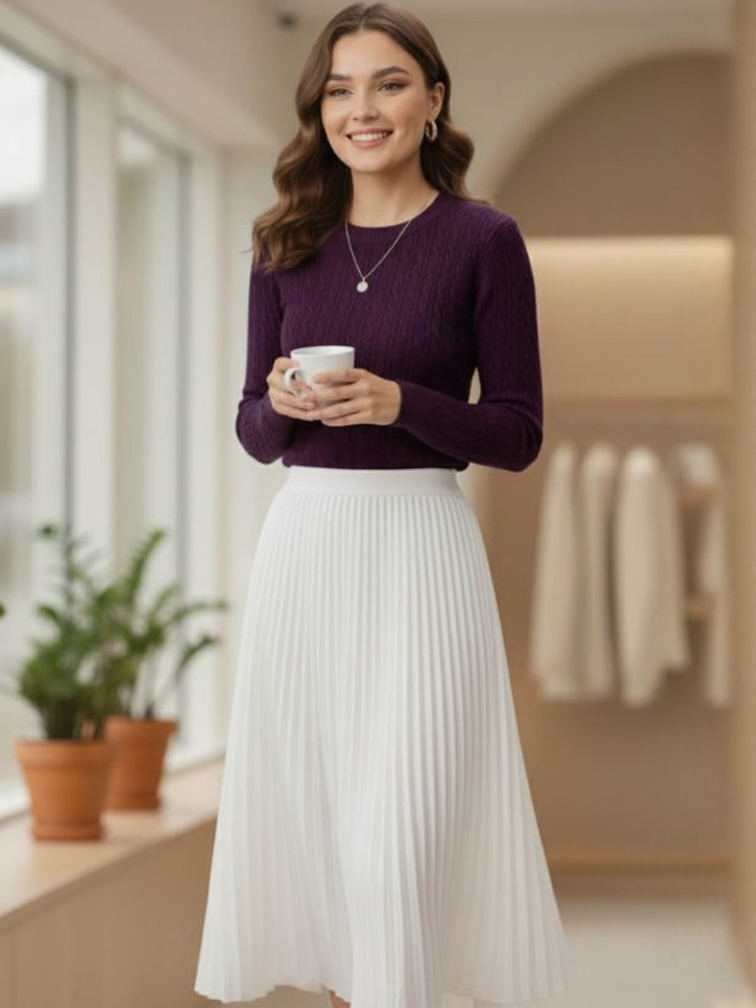 MARC LOUIS Cable Knit Round Neck Fitted Top