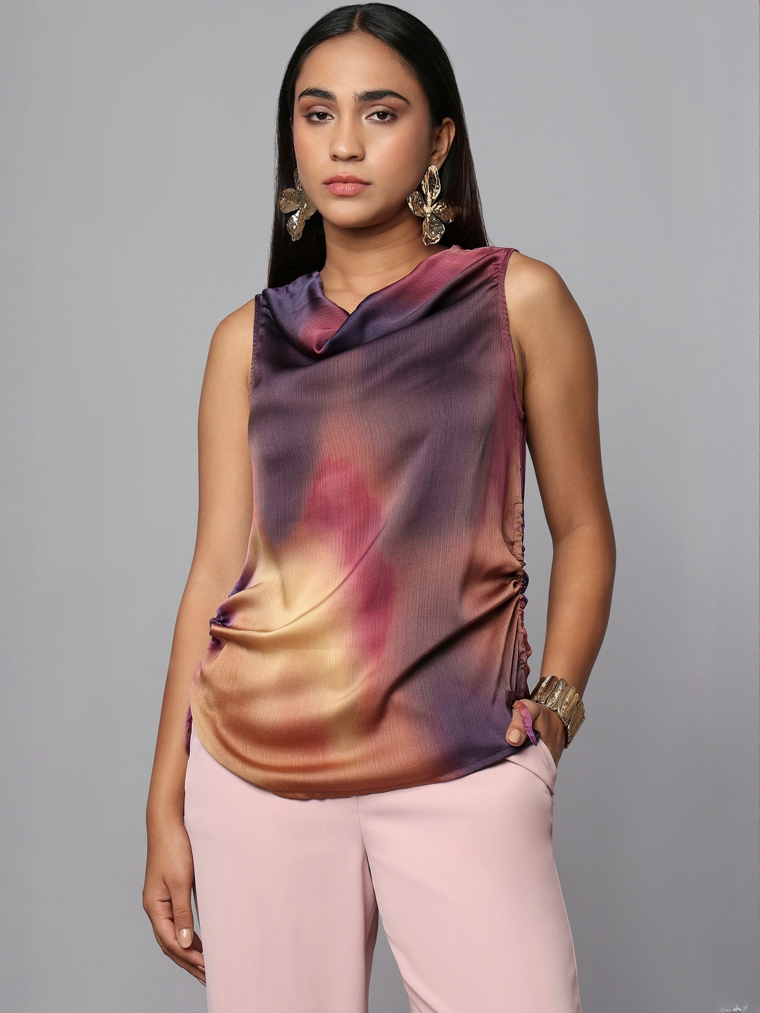 Tamiska By Narendra Kumar Women Tie and Dye Cowl Neck Sleeveless Regular Top