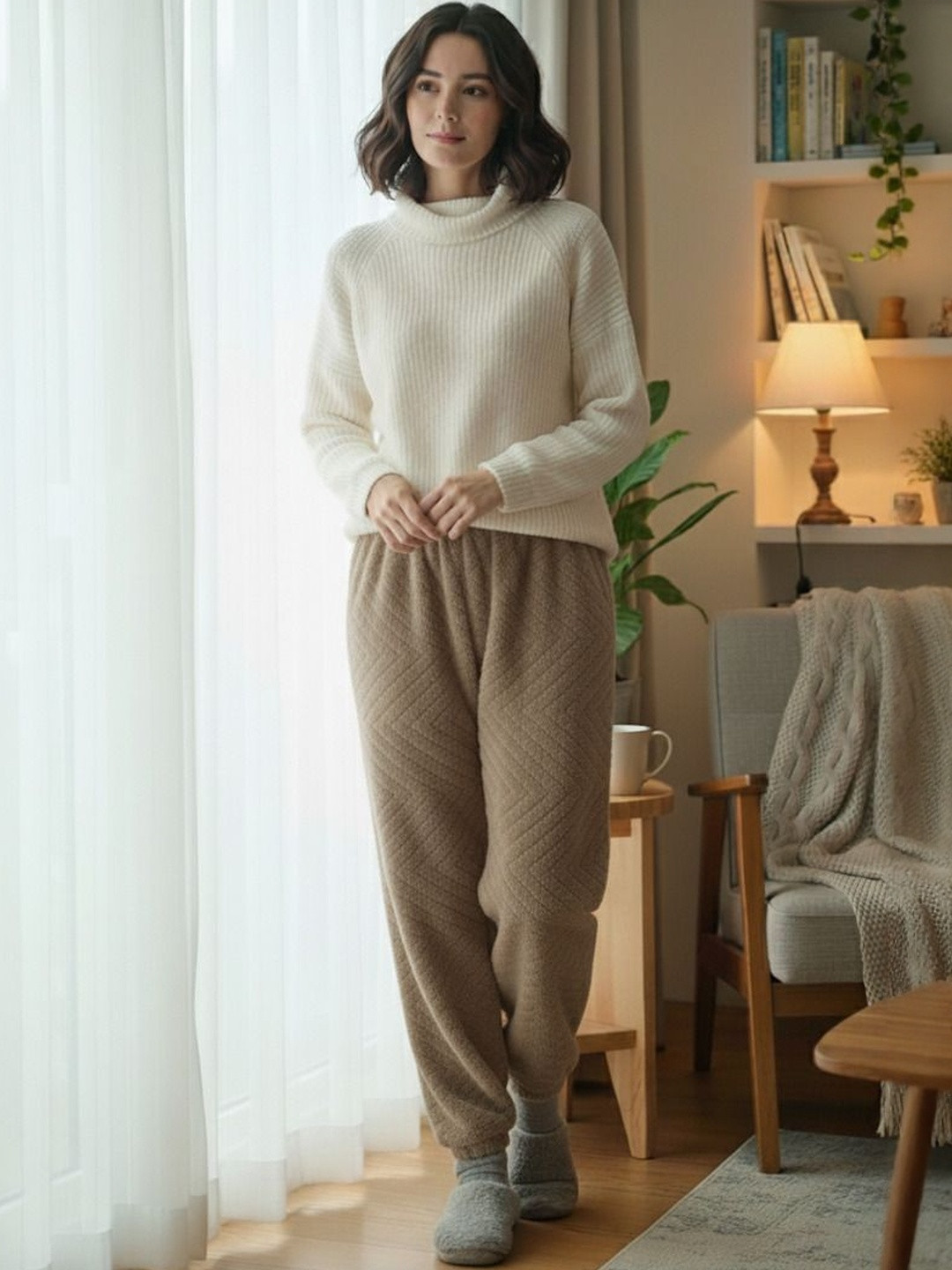 Uttam Women Mid-Rise Rib Lining Fleece Winter Lounge Pant