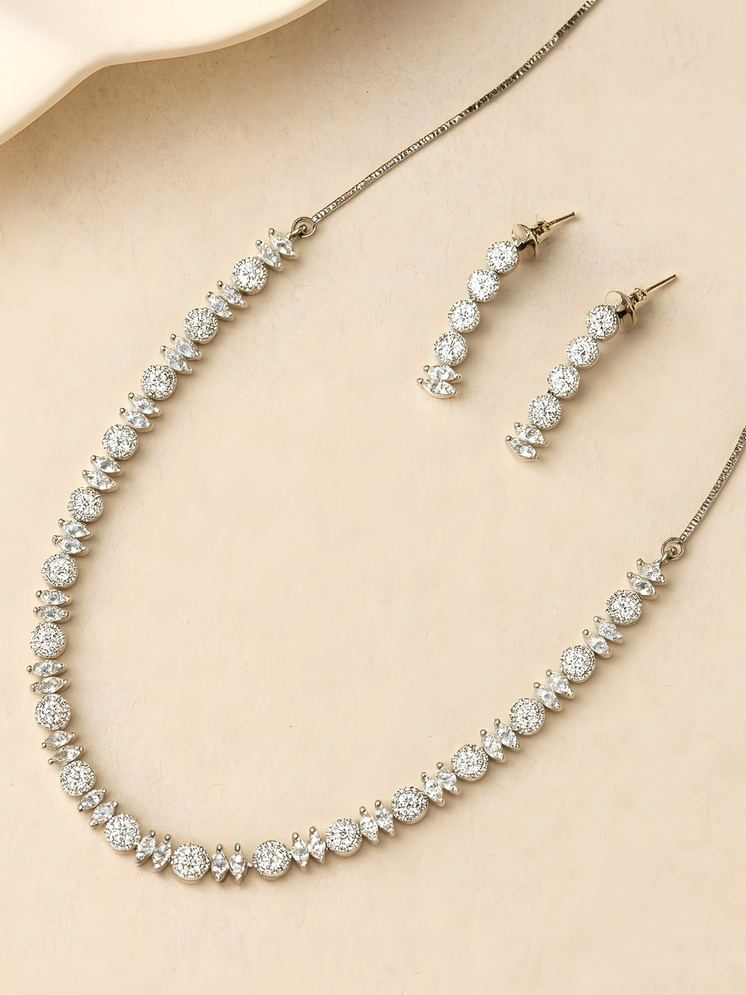 KARATCART Women Sparkling American Diamond Lightweight Silver-Tone Jewellery Set