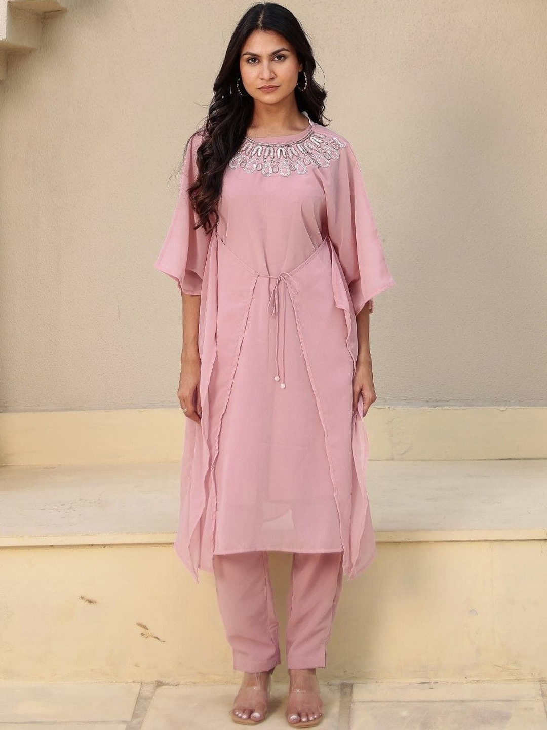 The Kaftan Company Ethnic Motifs Yoke Design Beads & Stones Georgette Kurta With Trousers