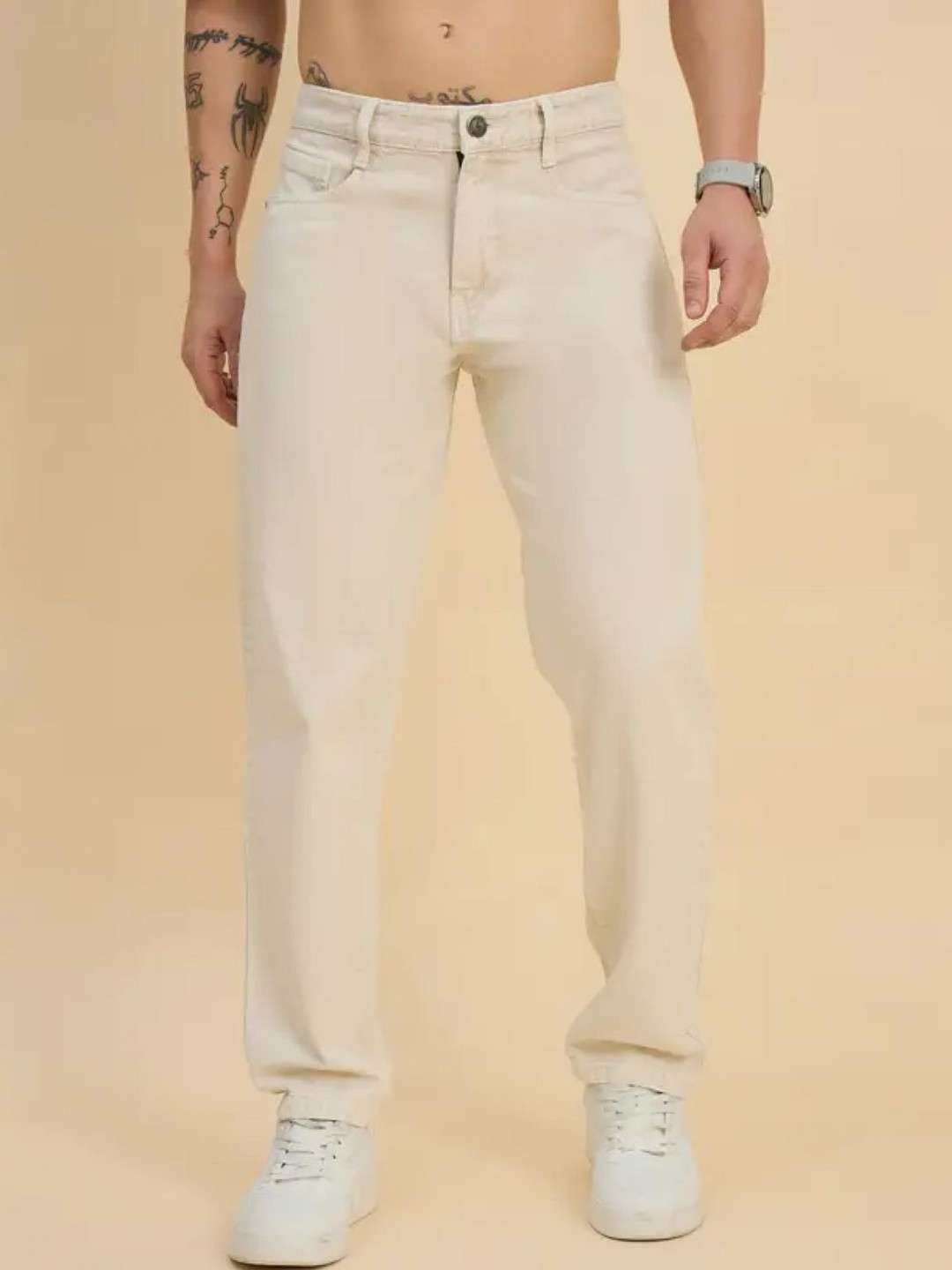 LINARIA Men Classic Baggy Fit Mid-Rise Clean Look Stretchable Cotton Jeans