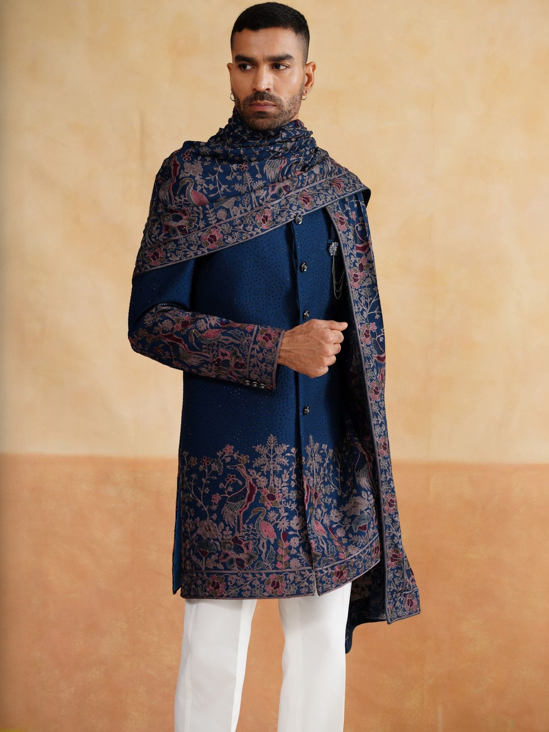 Denis Parkar Embroidered Mandarin Collar Pure Cotton Sherwani Set