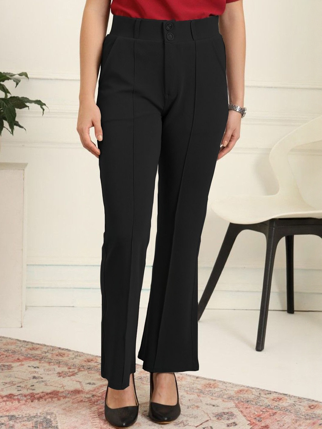 THE FAB FACTORY Women Flared Fit Mid-Rise Pleated Formal Trousers