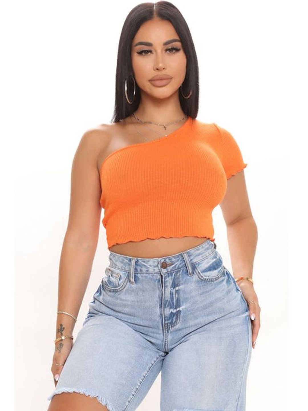 LULU & SKY Orange Ribbed One Shoulder Crop Top