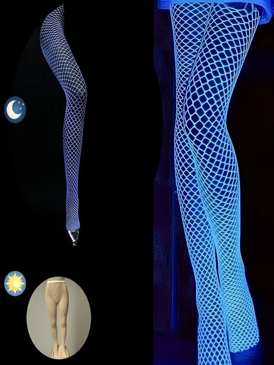 FIMBUL Women Wide Mesh Fishnet Stocking with UV Glow-In-The-Dark