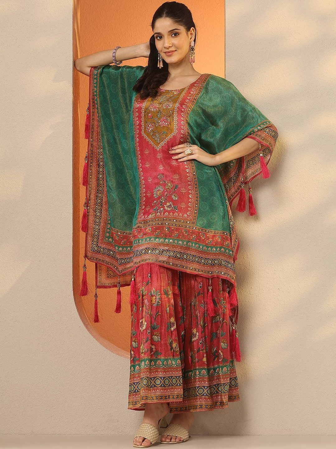 Libas Floral Printed Round Neck Sequinned Kurta With Sharara