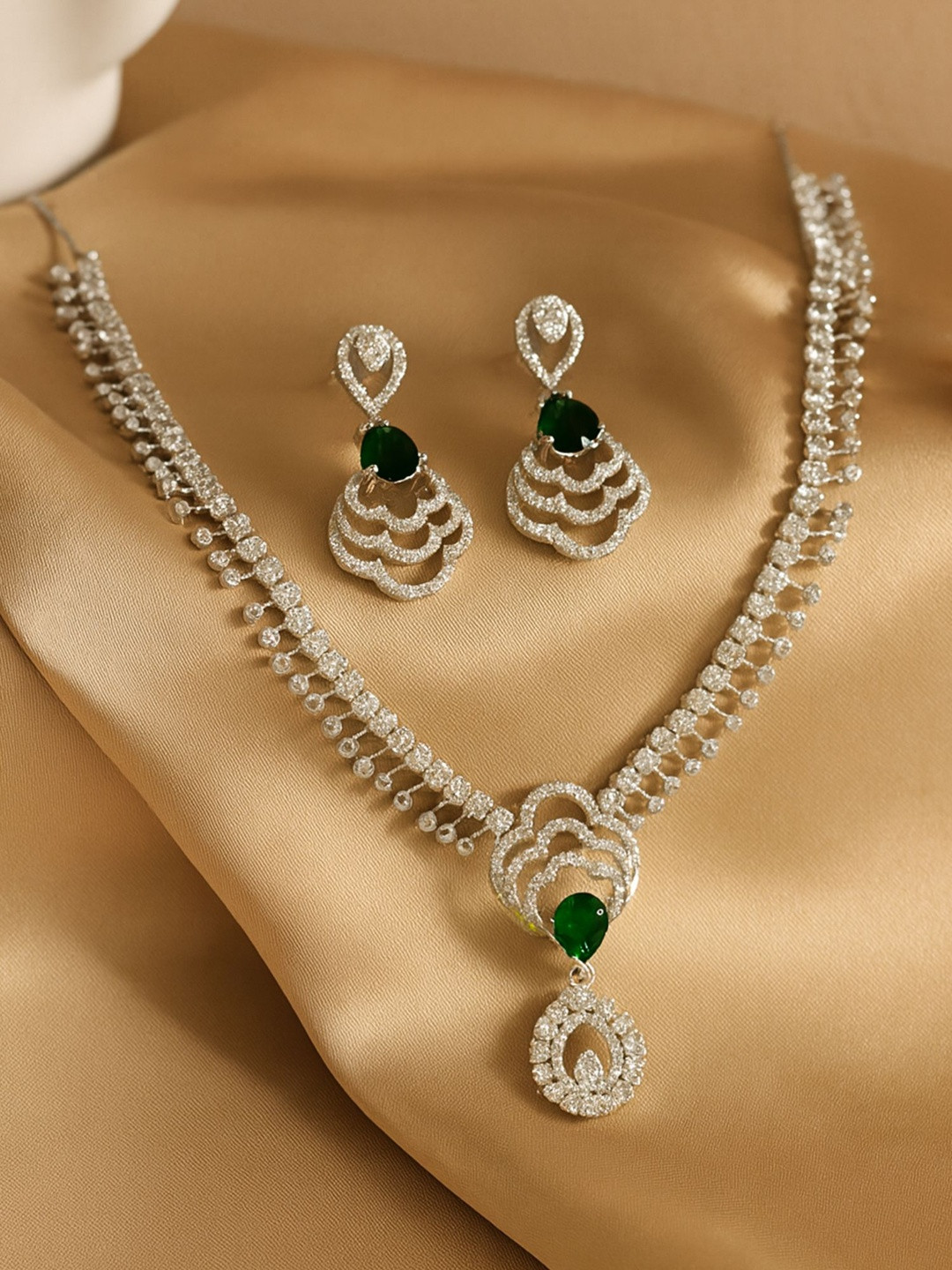 KARATCART Sparkling Green Silver-Plated American Diamond Studded Jewellery Set