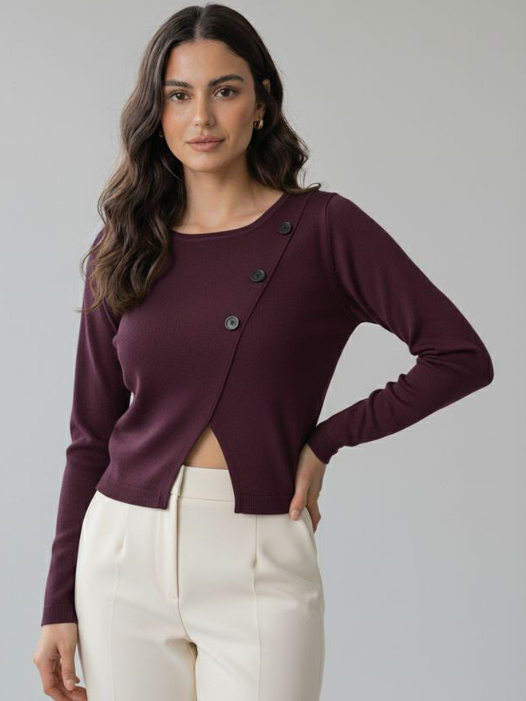 MARC LOUIS Solid Round Neck Long Sleeves Top