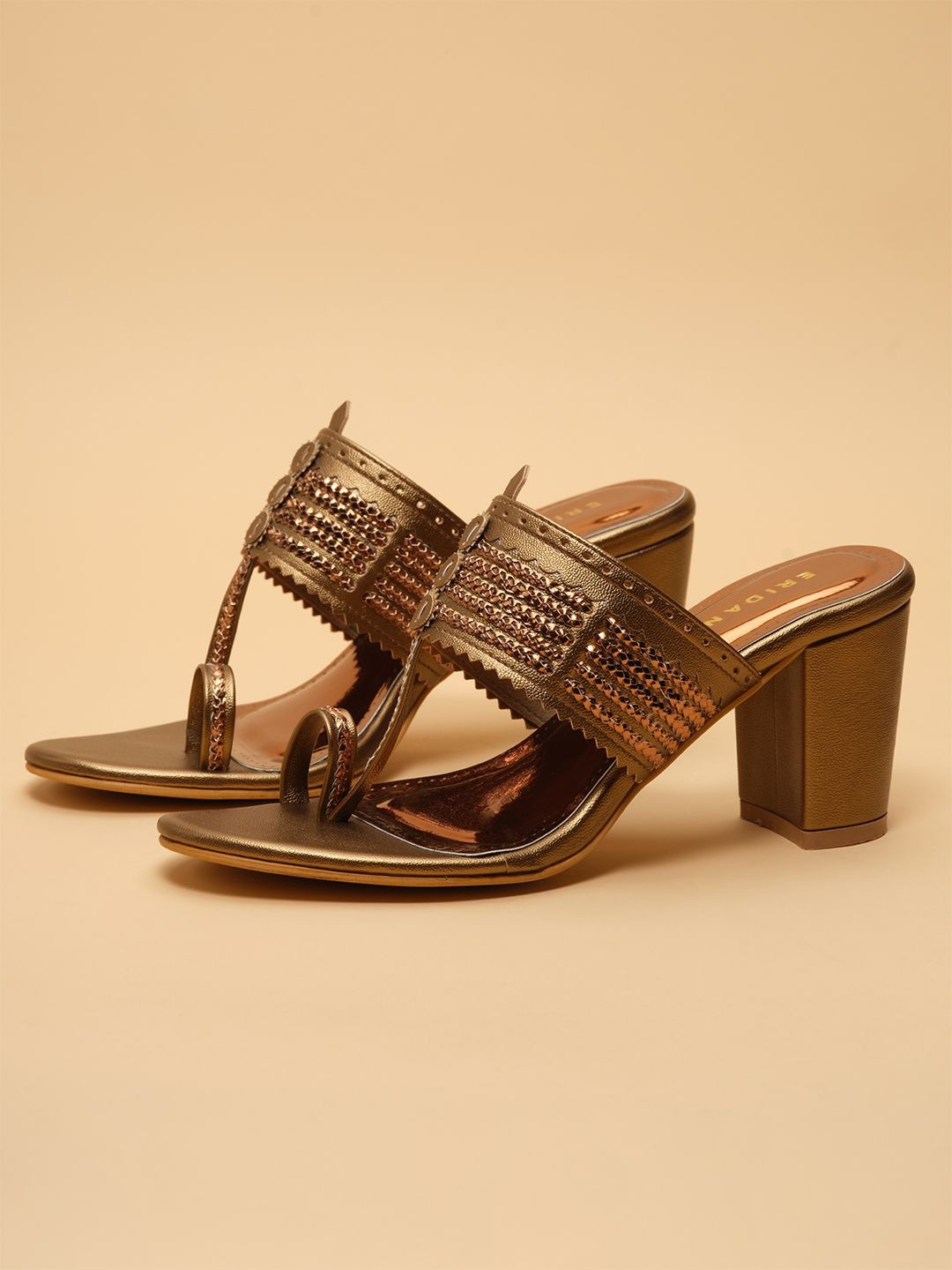 ERIDANI Women Open Toe Open Back Ethnic - Embellished Kolhapuri Block Sandals
