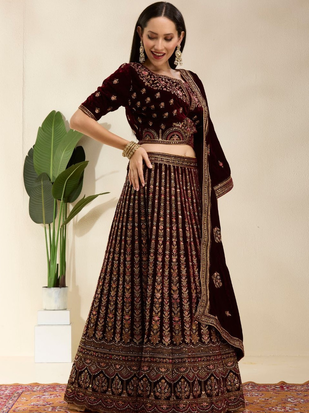 DESIGN ELEMENTS Embroidered Velvet Semi-Stitched Lehenga & Blouse With Dupatta
