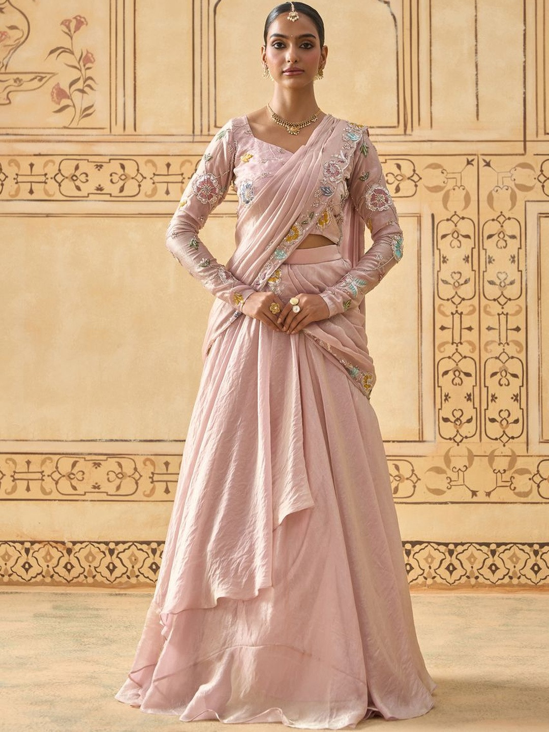 Fiorebymalar Floral Embroidered Pre Pleated Dupatta Lehenga Saree With Stitched Blouse