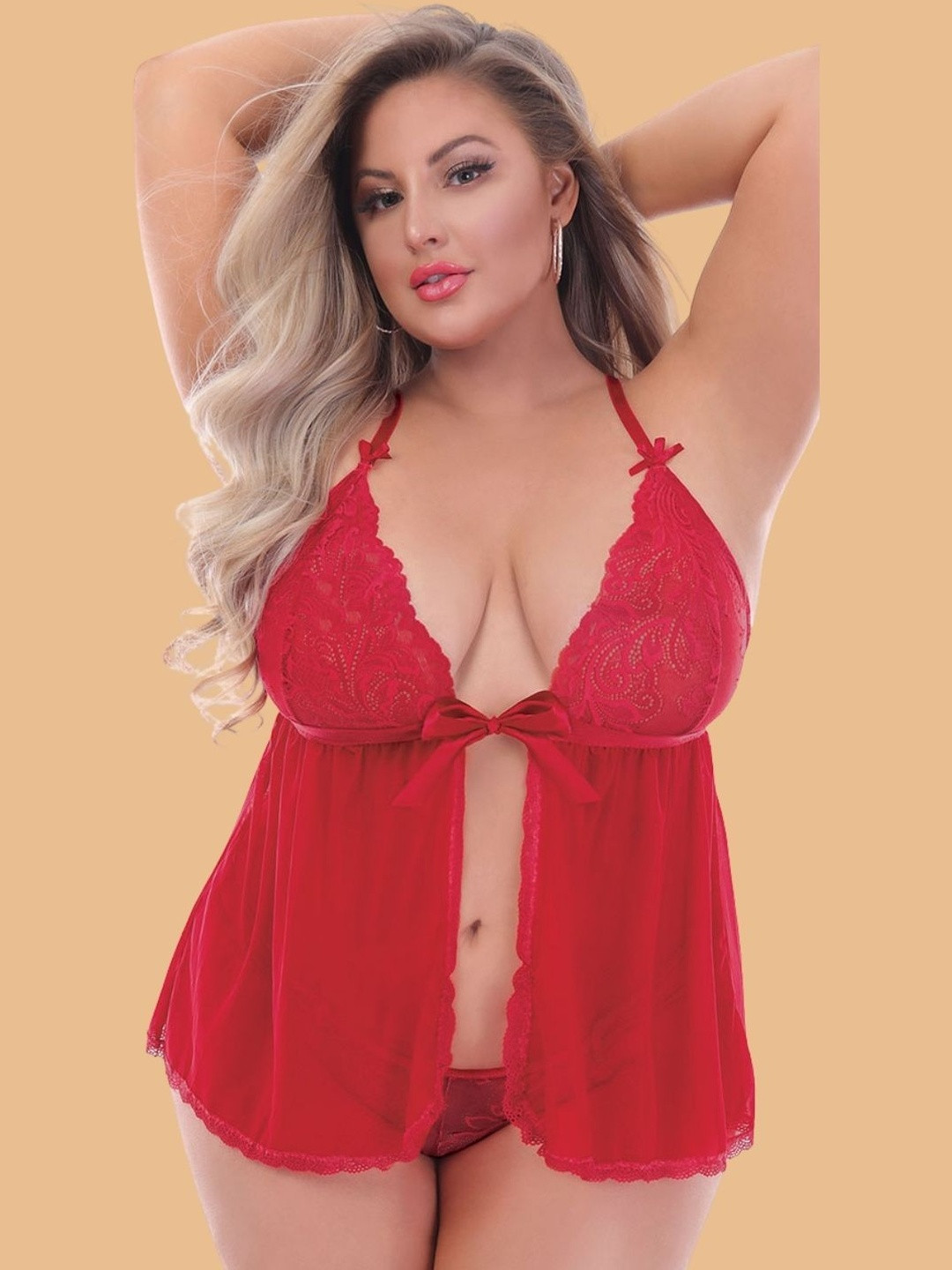 ZERJAMA Women Plus Size Red Sheer Lace Babydoll with Briefs