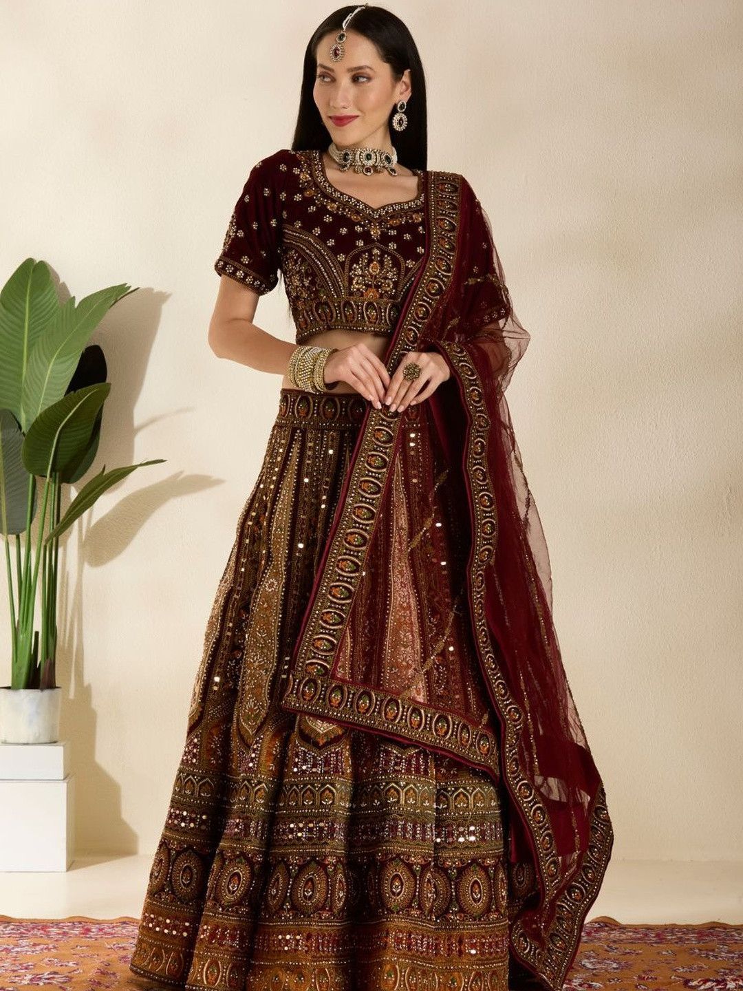DESIGN ELEMENTS Embroidered Sequinned Velvet Semi-Stitched Lehenga & Blouse With Dupatta