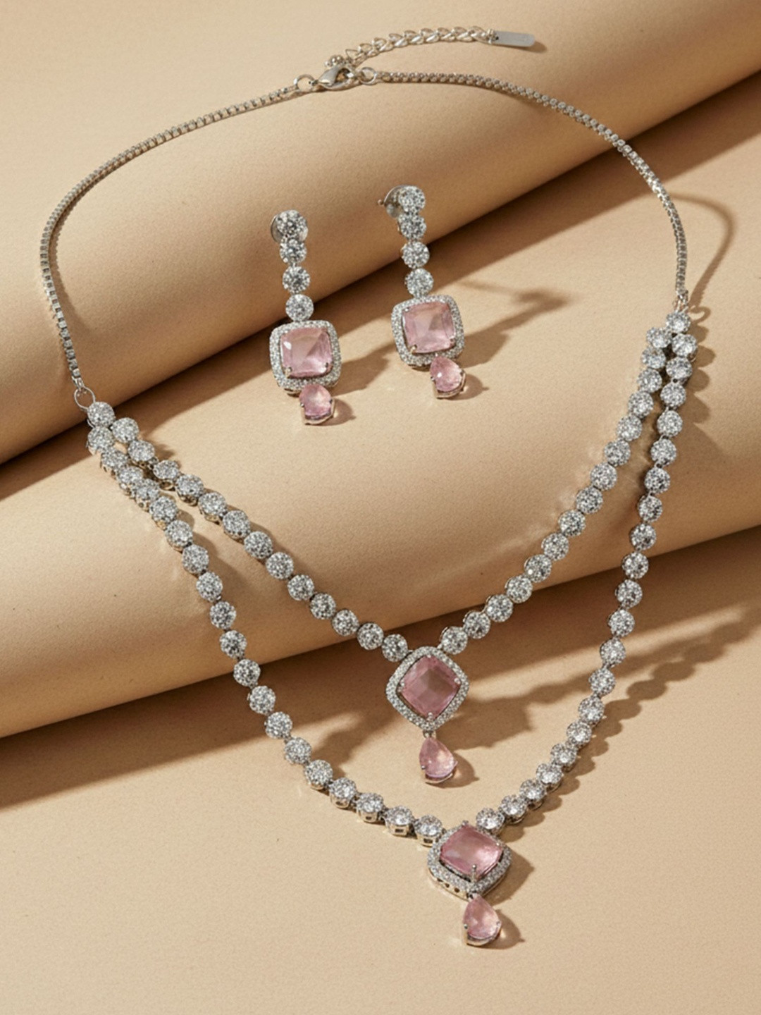 KARATCART Silver-Plated American Diamond-Studded Dual-Layer Jewellery Set