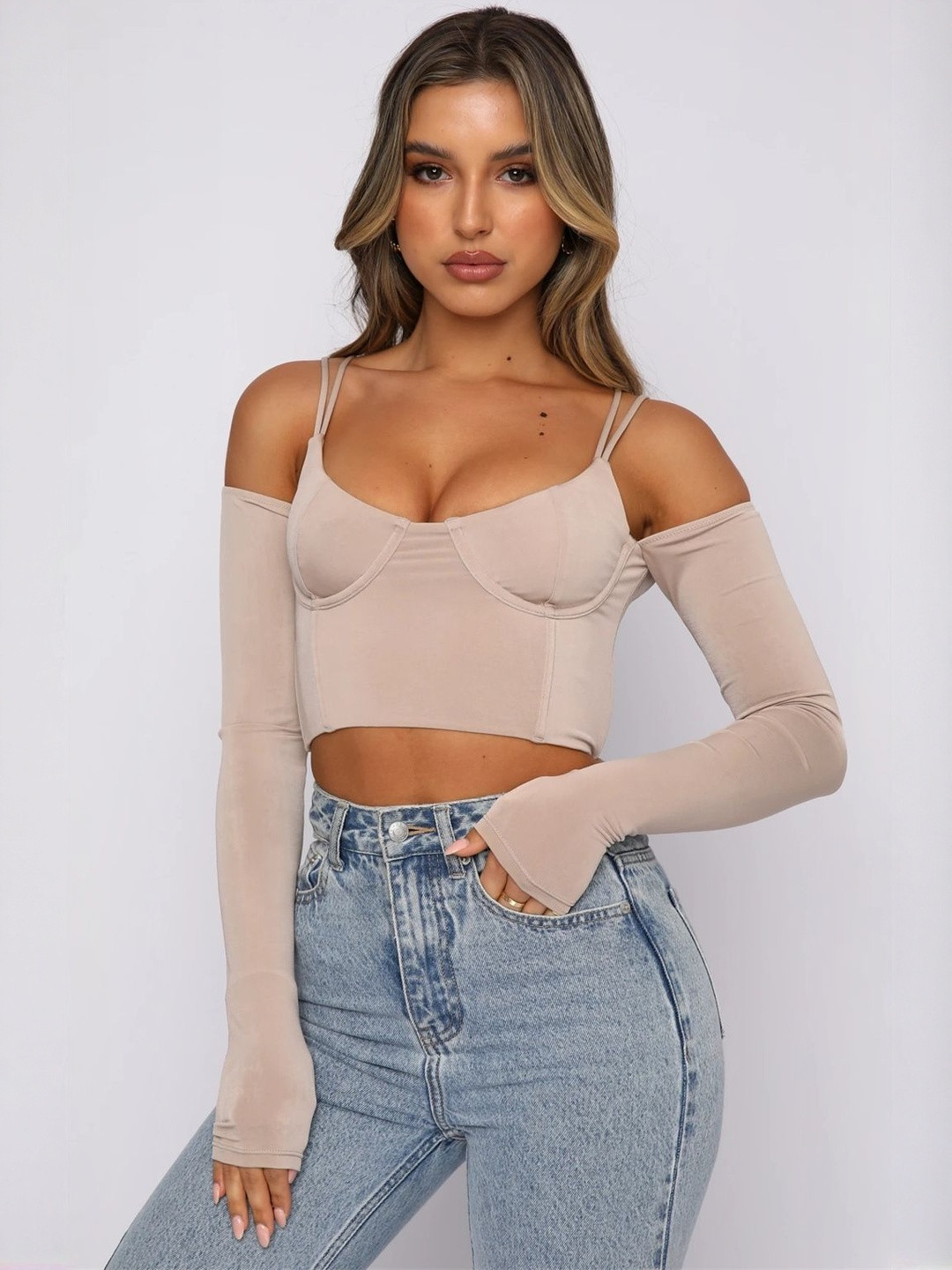 LULU & SKY Women Cold-Shoulder Fitted Crop Top With Zip Closure