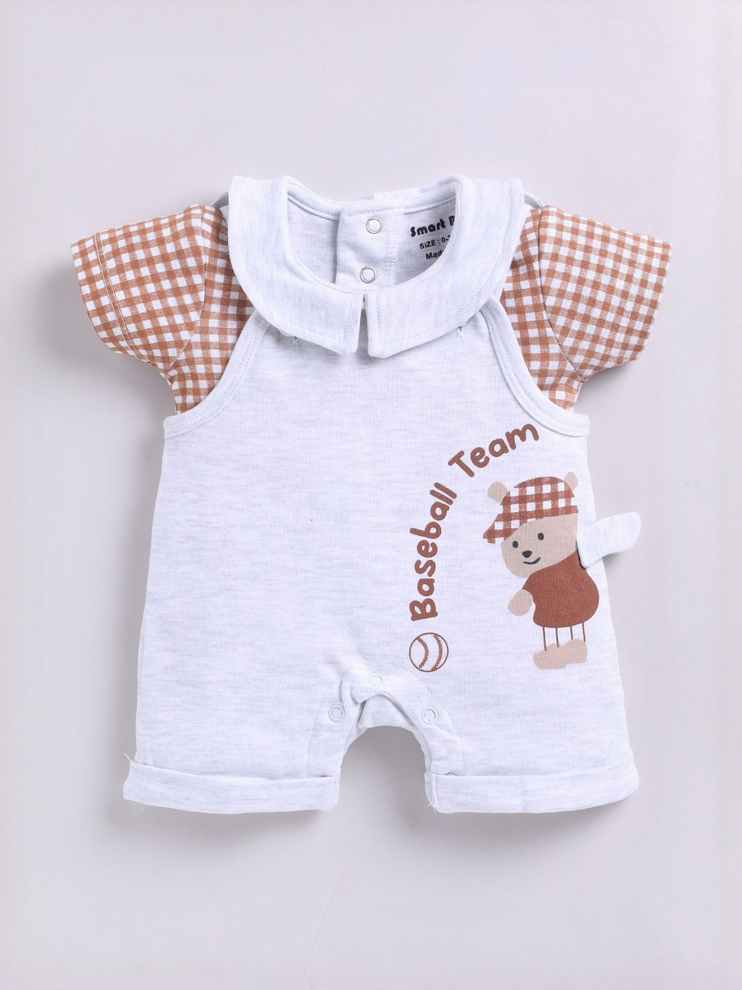 Smart Baby Boys Checked Applique Work Pure Cotton Dungaree With Checked T-Shirt