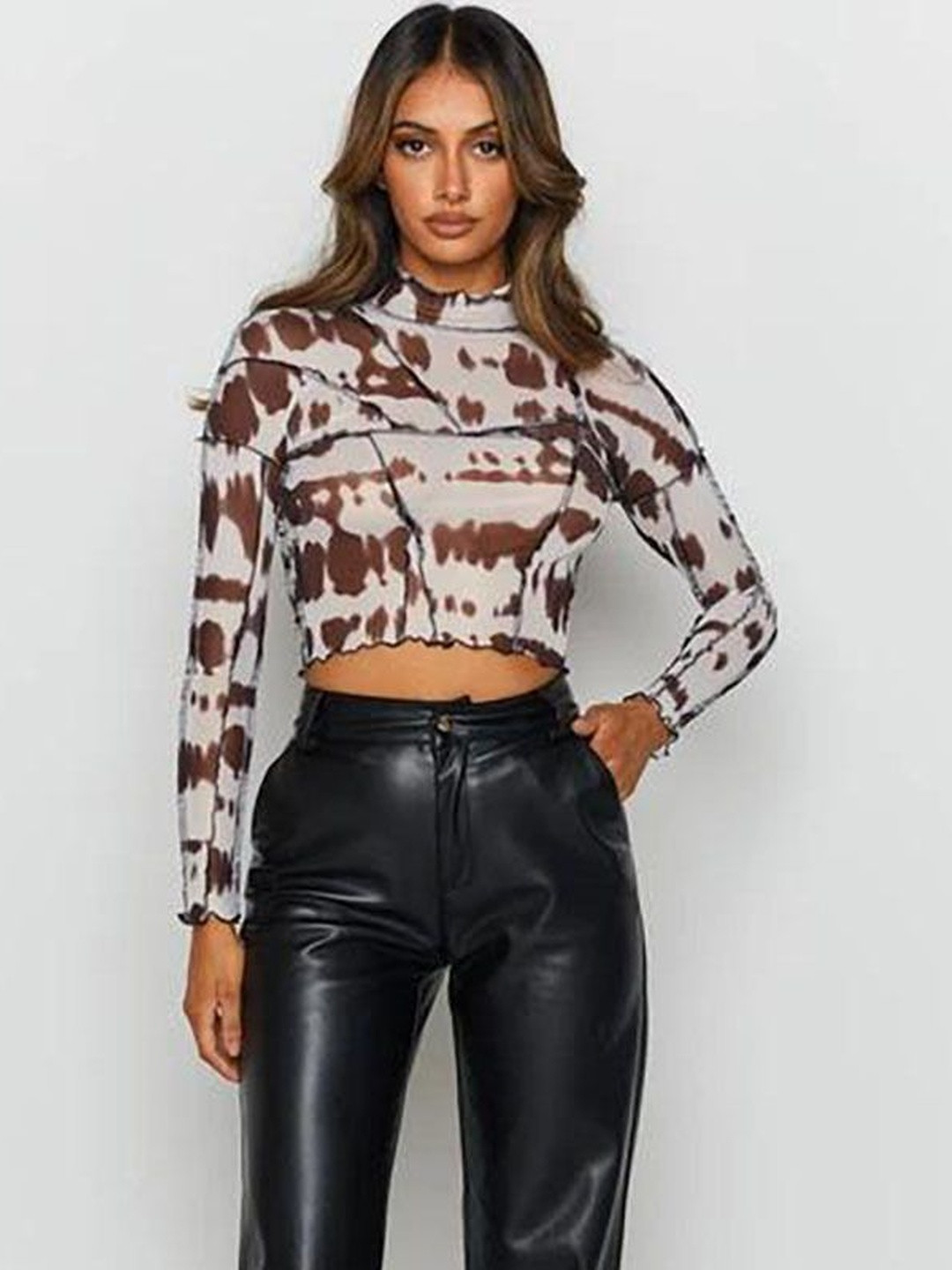 LULU & SKY Women Tie and Dyed High Neck Long Sleeves Styled Back Crop Top